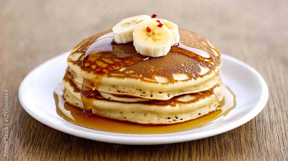Stack of pancakes, drizzled maple syrup, banana topping, on white plate, wooden table, breakfast