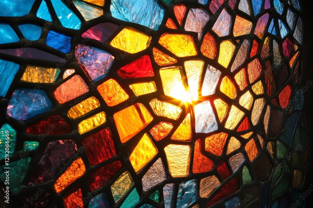 Close-up view of a colorful stained glass window, highlighting the vibrant colors and textures of the glass Close-up view of a colorful stained glass window, highlighting the vibrant colors and textures of the glass