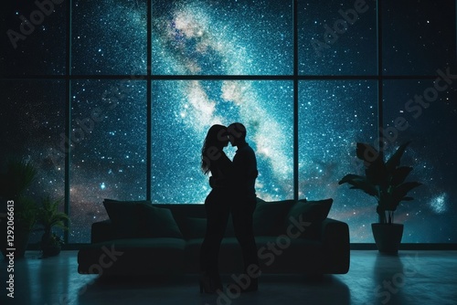 Silhouetted couple embracing before a large window showcasing a mesmerizing starry night. photo