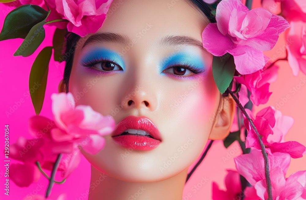 Asian woman with radiant yellow eyeshadow, glossy lips, and striking blue eyes, surrounded by vibrant multicolored flowers Asian woman with radiant yellow eyeshadow, glossy lips, and striking blue eyes, surrounded by vibrant multicolored flowers
