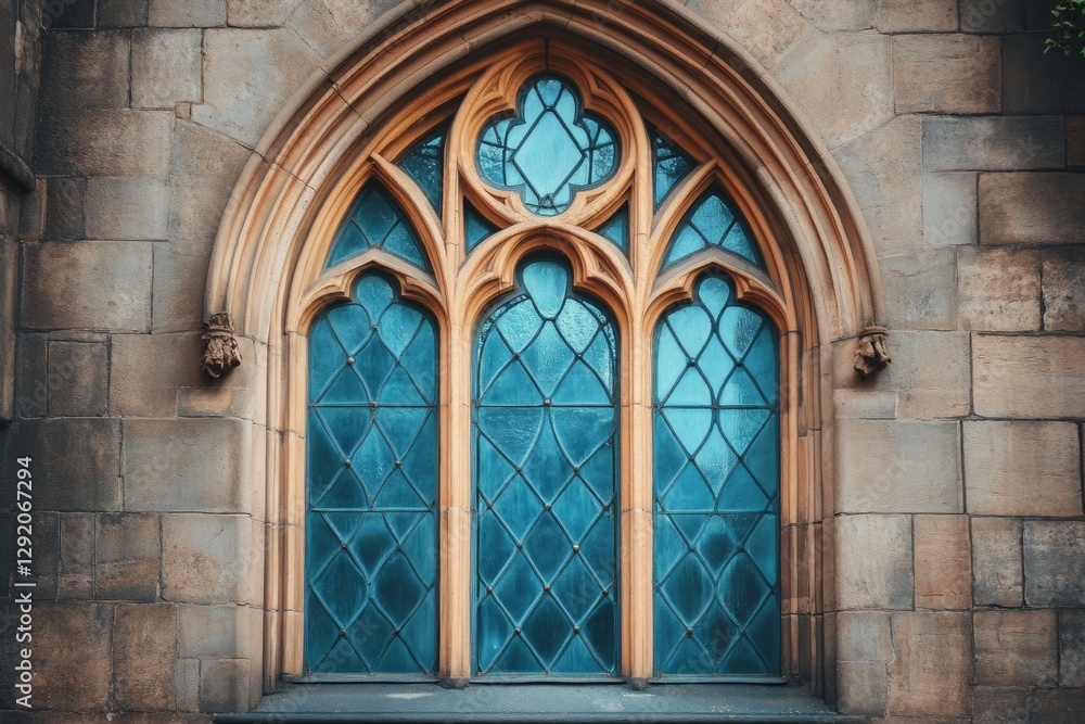 Fototapeta premium Sunlight streaming through an ornate gothic stained glass window set in a weathered stone wall creates a captivating scene