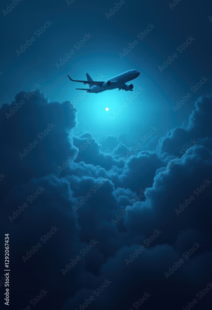 A serene night sky with an airplane soaring above dense clouds, illuminated by ethereal blue light, evoking a sense of adventure and tranquility. A serene night sky with an airplane soaring above dense clouds, illuminated by ethereal blue light, evoking a sense of adventure and tranquility.