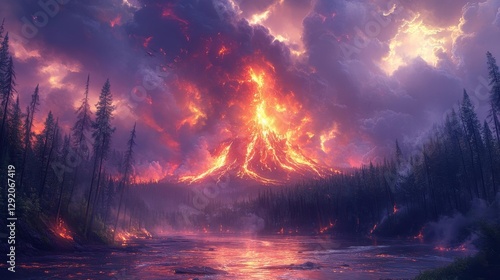 A Volcano Erupting with Lava Flowing into a River Destroying Forests Under a Fiery Sky. Generative AI photo