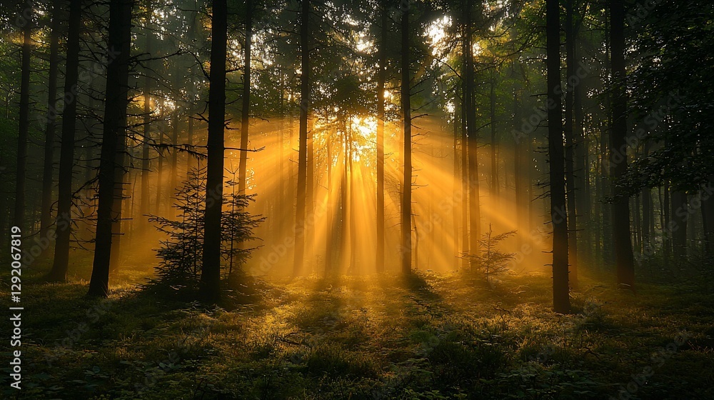 Fototapeta premium Sunbeams illuminating a misty forest at sunrise.