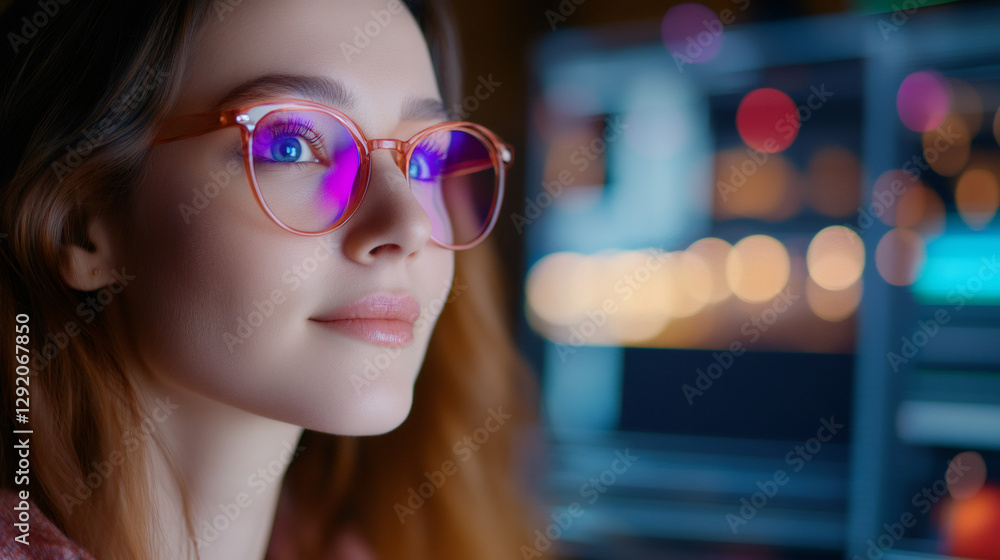 Close-up of a young software developer working late at night wearing computer glasses, looking at multiple monitors Close-up of a young software developer working late at night wearing computer glasses, looking at multiple monitors