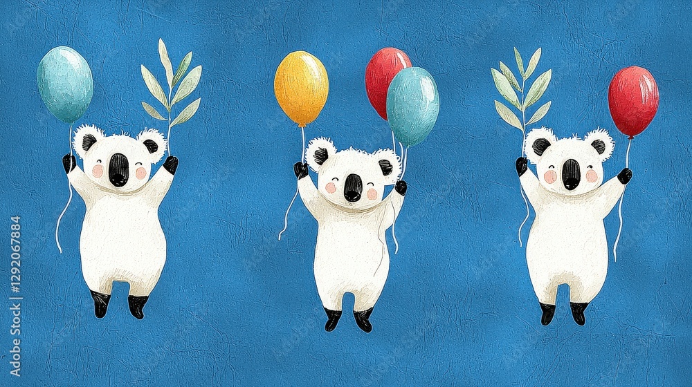 Obraz premium Cute Cartoon Koalas with Balloons on Blue Background for Kids