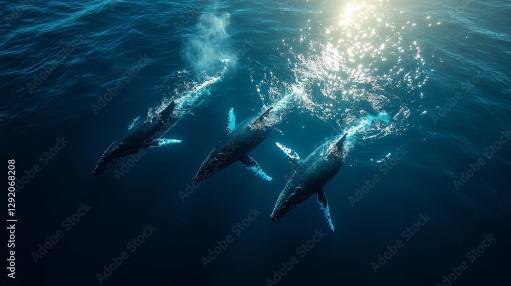 Fototapeta premium Group of Humpback Whales Swimming Under Bright Water Majestic Silhouette View. Generative AI