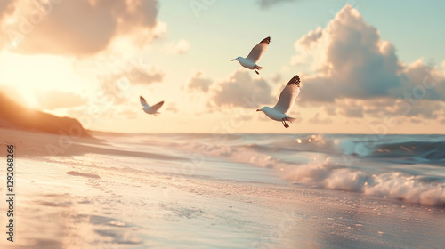 Three Seagulls Soar Over a Sunrise Beach Scene