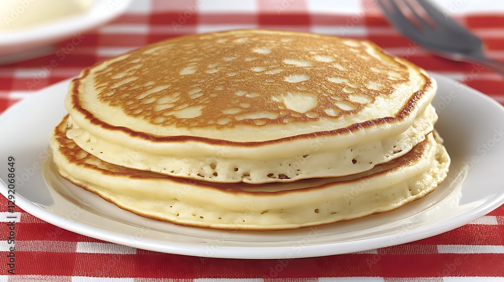 Stacked pancakes on plate, ready to eat, sitting on red checkered tablecloth, for breakfast Stacked pancakes on plate, ready to eat, sitting on red checkered tablecloth, for breakfast