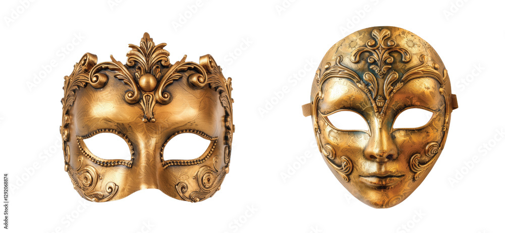 Intricately designed gold venetian masks with ornate patterns and elegant details Intricately designed gold venetian masks with ornate patterns and elegant details
