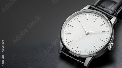 Elegant wristwatch, black leather strap, dark background, time concept, website banner