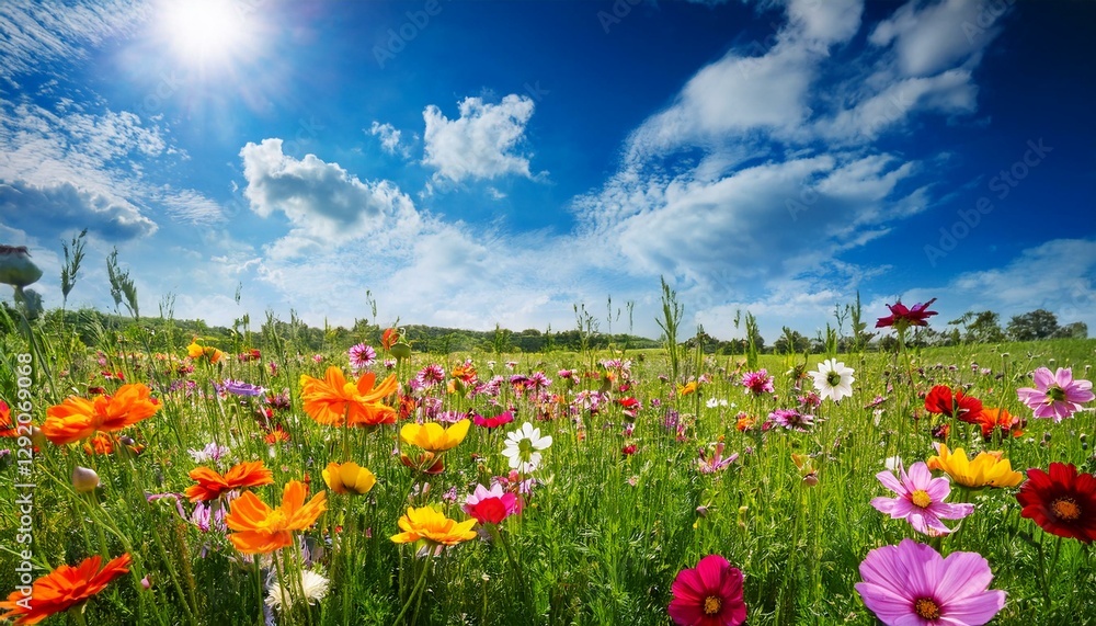 vibrant colorful flowers in a lush green field under a bright blue sky with fluffy clouds vibrant colorful flowers in a lush green field under a bright blue sky with fluffy clouds