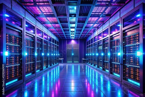 Futuristic Data Center with Neon Lights and AI Cloud Computing