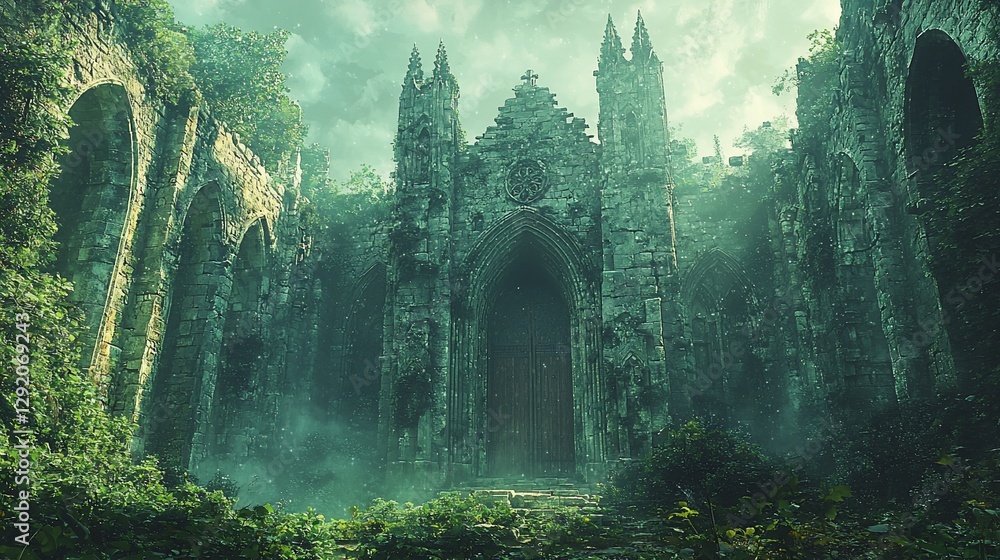 Overgrown gothic ruin, mystical atmosphere, ancient stone architecture, mysterious entrance. Overgrown gothic ruin, mystical atmosphere, ancient stone architecture, mysterious entrance.