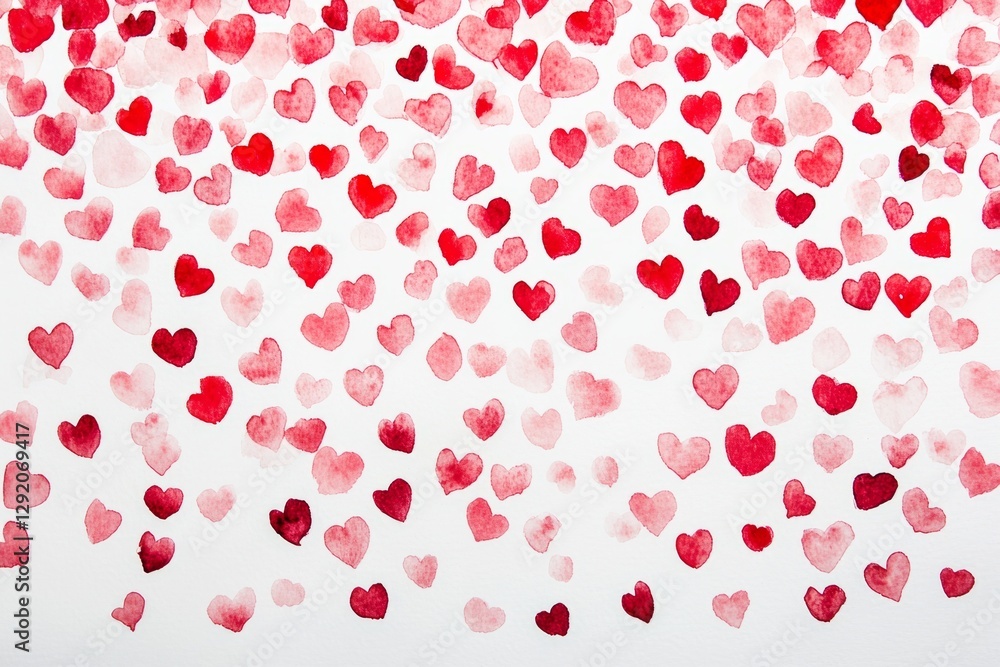 Romantic watercolor painting depicting falling red and pink hearts on a white background, perfect for valentine's day or love-themed projects Romantic watercolor painting depicting falling red and pink hearts on a white background, perfect for valentine's day or love-themed projects