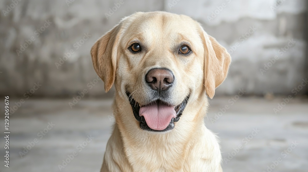 Happy yellow Labrador portrait, urban background, pet profile Happy yellow Labrador portrait, urban background, pet profile