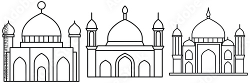 27Islamic mosque outline vector illustration black and white architecture emblem featuring domes minarets historical cultural heritage religious landmark design