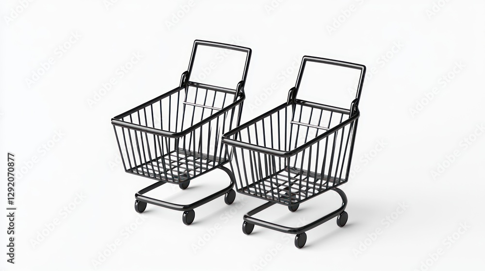Two mini shopping carts, white background, retail concept, online shopping Two mini shopping carts, white background, retail concept, online shopping
