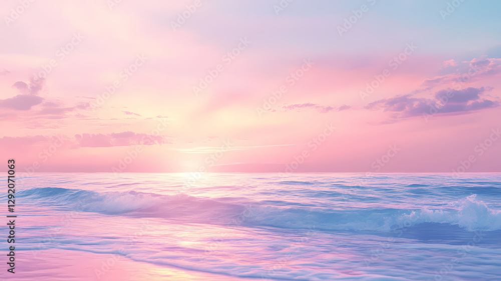 Fototapeta premium Pastel skies concept. a serene landscape showcasing soft pastel colors blending at sunset over calm waves. Soft Pastel Dreamscape. Illustration