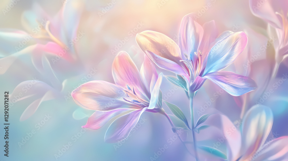 Shimmering floral dream: an ethereal and abstract backdrop of delicate, iridescent flower petals, capturing a soft glow of pastel colors. Soft Pastel Dreamscape. Illustration Shimmering floral dream: an ethereal and abstract backdrop of delicate, iridescent flower petals, capturing a soft glow of pastel colors. Soft Pastel Dreamscape. Illustration