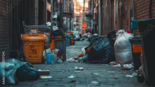 A homeless encampment exists surrounded by trash in a dreary alleyway, starkly visible in the harsh light of day photo