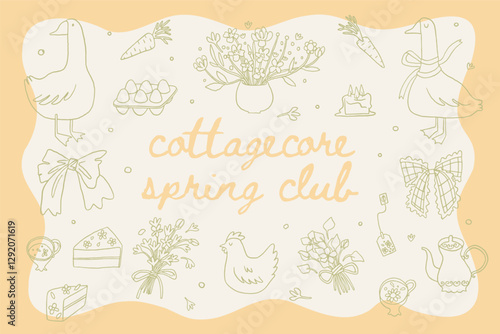 Set of cute spring easter cottagecore illustrations. Farmhouse elements, bows, ribbon, bouquet, flowers, goose, chicken. Gardening, countryside lifestyle. Summer village. Vector cottage core graphic