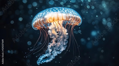 A Majestic Jellyfish Glowing Underwater in Deep Blue Waters. Generative AI photo