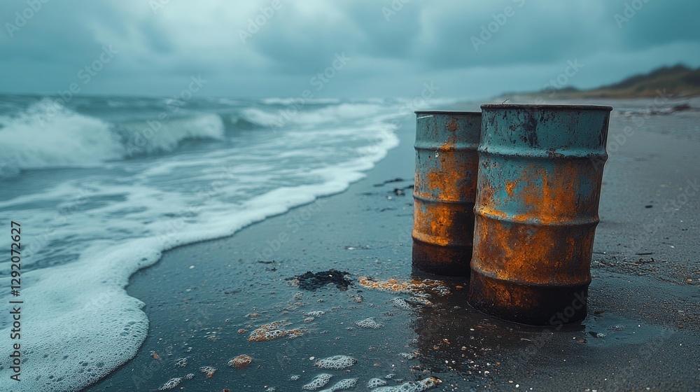 Polluted Beach with Rusting Barrels and Foamy Waves Under Dark Clouds. Generative AI Polluted Beach with Rusting Barrels and Foamy Waves Under Dark Clouds. Generative AI