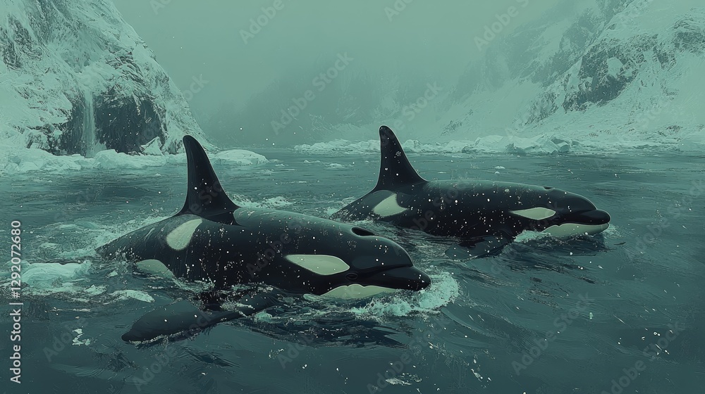 Fototapeta premium Two orcas swim in icy arctic waters. Perfect for wildlife, nature, and travel projects.