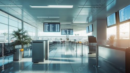 Vector airport waiting hall, security control with customs and passengers. Digital screen - departures and arrivals schedule in international terminal. Metal detector for X-ray examination of baggage