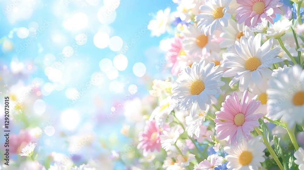 Sunny day, daisies, meadow, bokeh background, spring Sunny day, daisies, meadow, bokeh background, spring