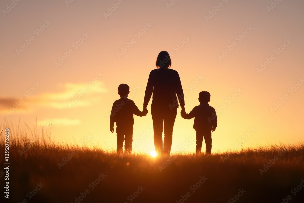 Silhouette of a Woman and Two Children Holding Hands at Sunset Silhouette of a Woman and Two Children Holding Hands at Sunset