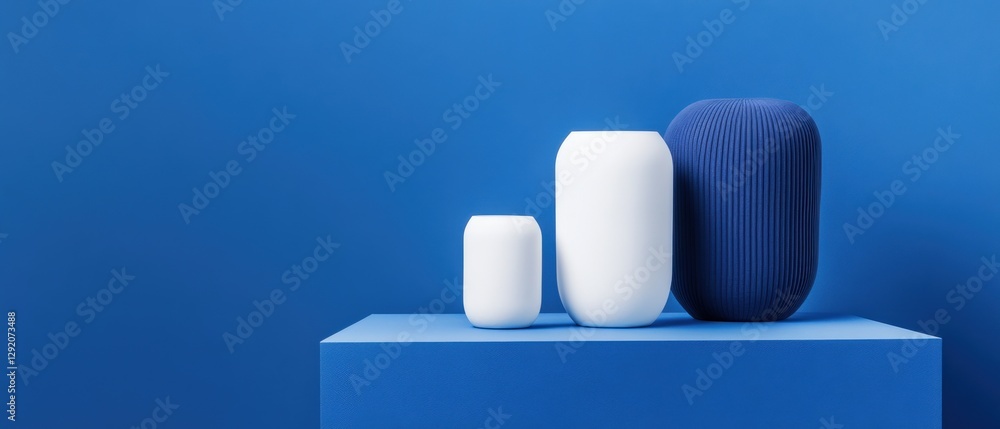 minimalist blue product display with vases