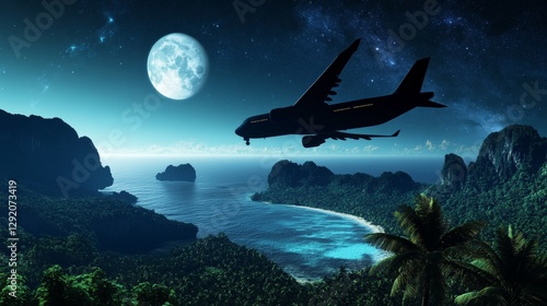 Wallpaper Mural Plane in night sky - Airplane flying over a northern landscape at nighttime with half moon, mountains, ocean and forest. Traveling, vacation, going far away concept. Vector illustration. Torontodigital.ca