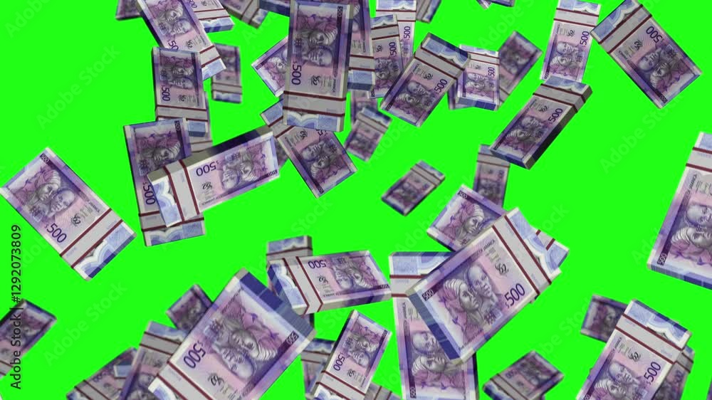 Jamaica dollar 500 JMD banknote packs falling loop. Jamaican money note fall. 3D seamless looped isolated abstract concept of economy, finance, crisis, success and banking. Green screen. Jamaica dollar 500 JMD banknote packs falling loop. Jamaican money note fall. 3D seamless looped isolated abstract concept of economy, finance, crisis, success and banking. Green screen.