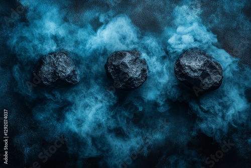 A handful of space rocks, a gradient shifting from dark blue to black, dramatic lighting, all set against a smoky backdrop photo