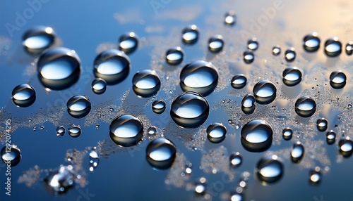 water droplets on a surface a close up abstract image showcasing the mesmerizing beauty of water droplets on a smooth reflective surface each droplet acts as a tiny lens photo