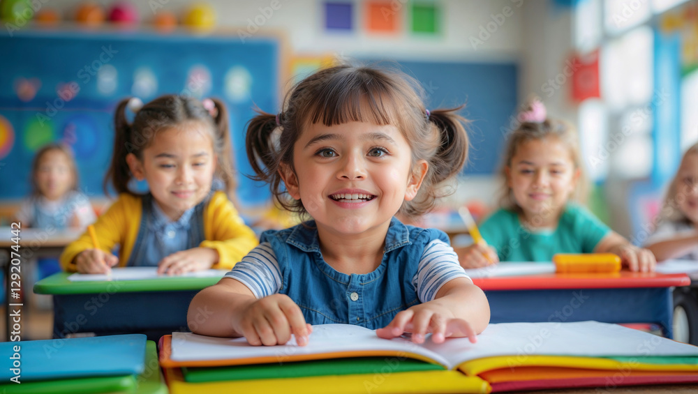 Smiling student reading a book in preschool classroom