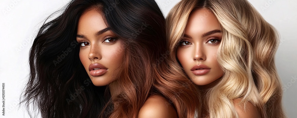Two beautiful diverse women posing with long healthy hair Two beautiful diverse women posing with long healthy hair