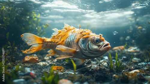 Fish Struggling in Polluted Water with Trash and Chemicals. Generative AI photo