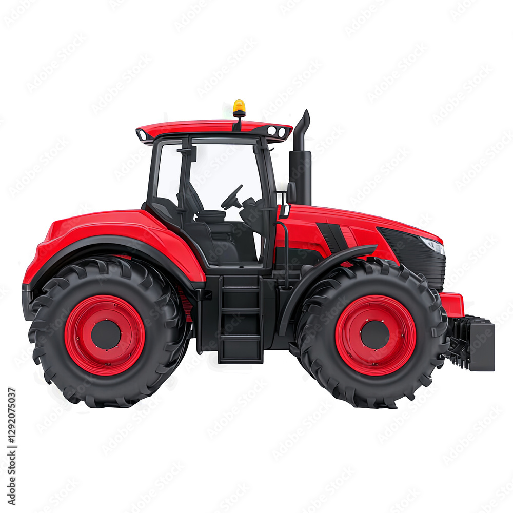 Red tractor side view, showcasing agriculture and work themes Red tractor side view, showcasing agriculture and work themes