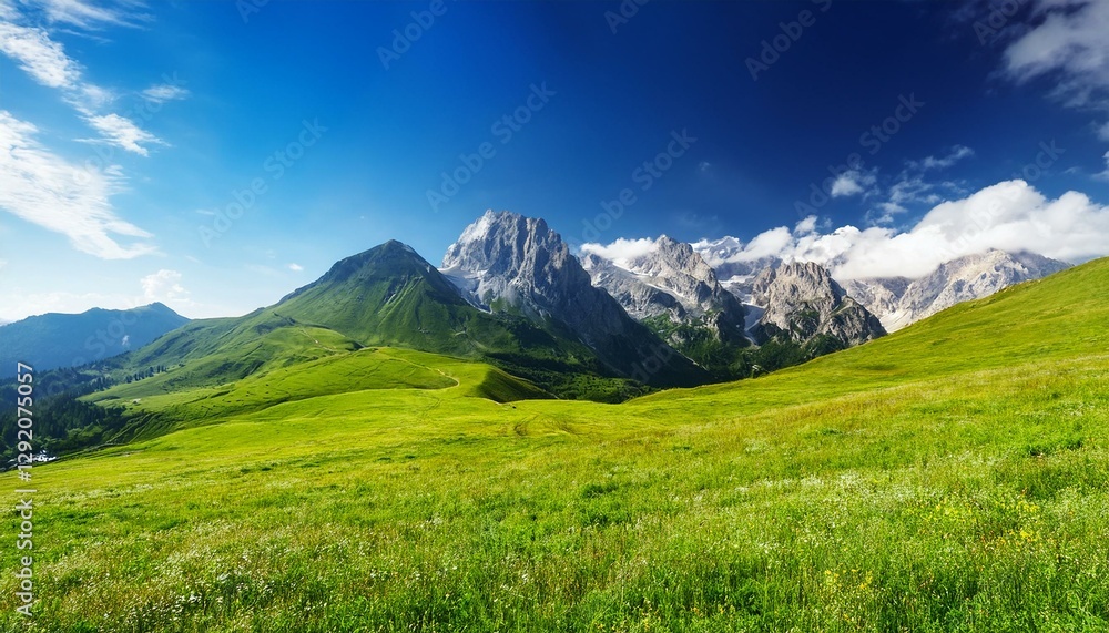 Fototapeta premium vibrant landscape with green grass majestic mountains and a bright blue sky filled with soft clouds