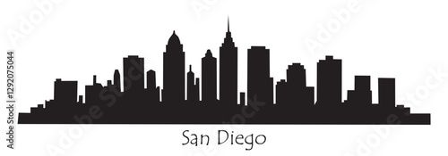 A city skyline of San Diego, California, USA. The cityscape is shown in silhouette. Black flat vector illustration isolated on transparent background