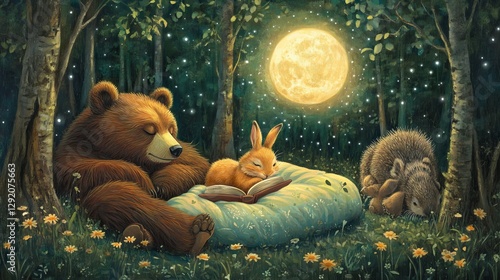 Animals in forest sleeping under a book, looking at stars and full moon. Bear fox rabbit and porcupine read a good night book in nature before sleep. Vector children illustration in watercolor style.
