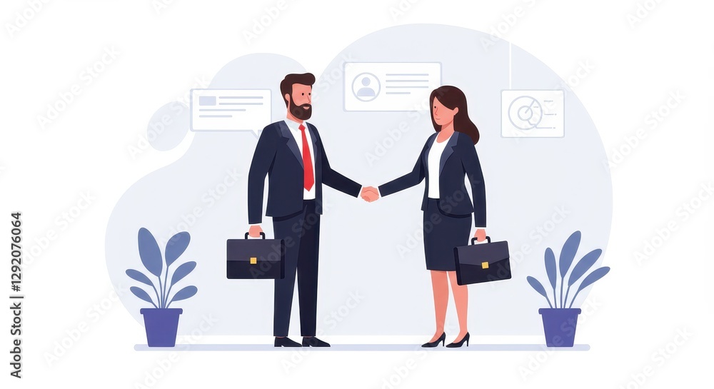 Flat illustration of a businessman with a beard shaking hands with a businesswoman, symbolizing business agreements and professional networking Flat illustration of a businessman with a beard shaking hands with a businesswoman, symbolizing business agreements and professional networking