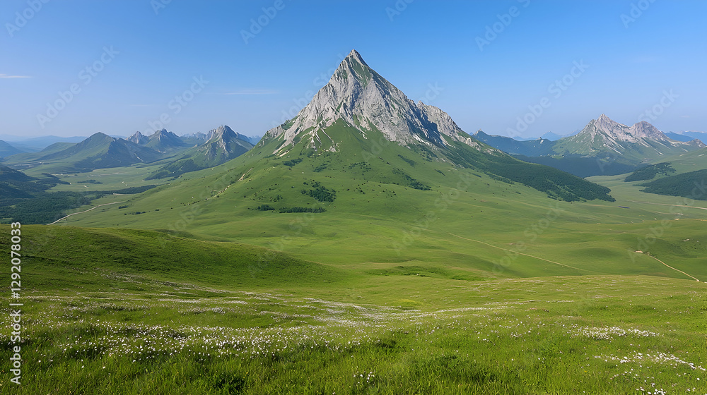 Fototapeta premium Mountain peak panorama, green valley, clear sky, summer hike