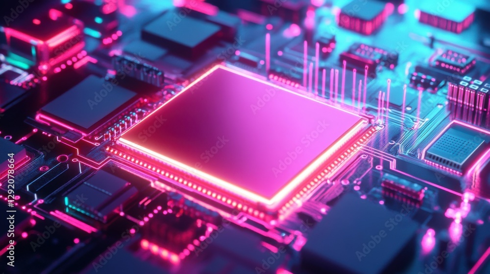 Obraz premium Futuristic ai chip with neon lights and digital data stream