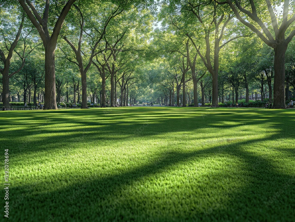Sunlit park path with lush green grass and tall trees. Ideal for nature, peace, tranquility, and relaxation themes.