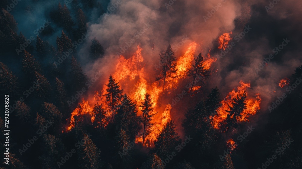 Aerial view of massive wildfire or forest fire with burning trees and orange smoke Aerial view of massive wildfire or forest fire with burning trees and orange smoke