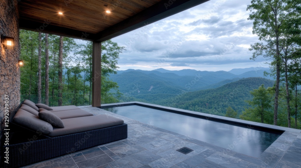 Fototapeta premium Mountaintop infinity pool deck, serene view, luxury outdoor living